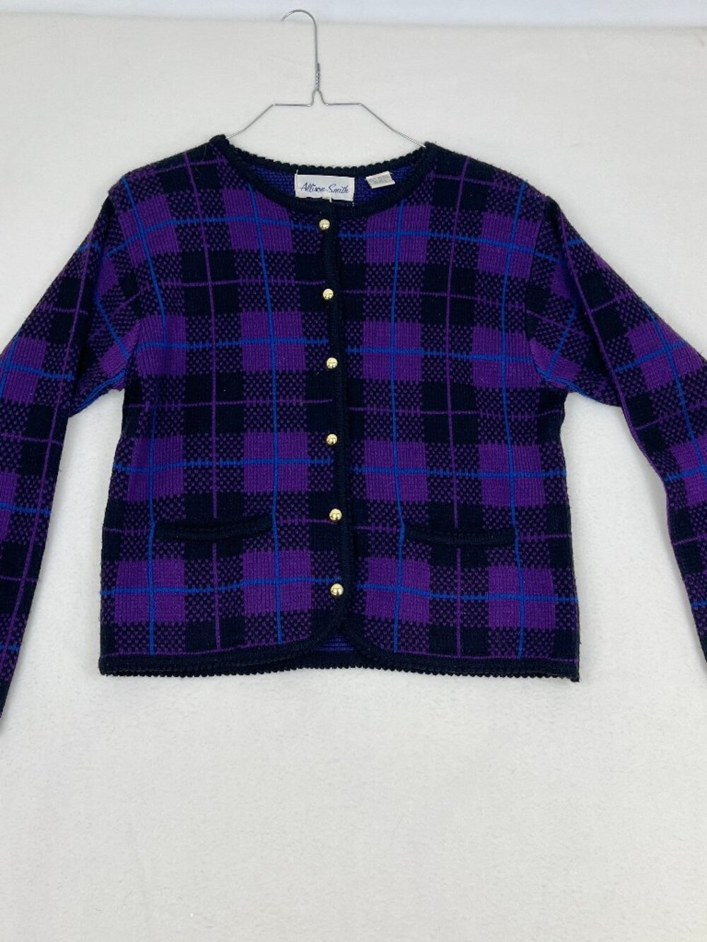 Allison Smith Vintage 90s Purple Plaid Cardigan Sweater Size S